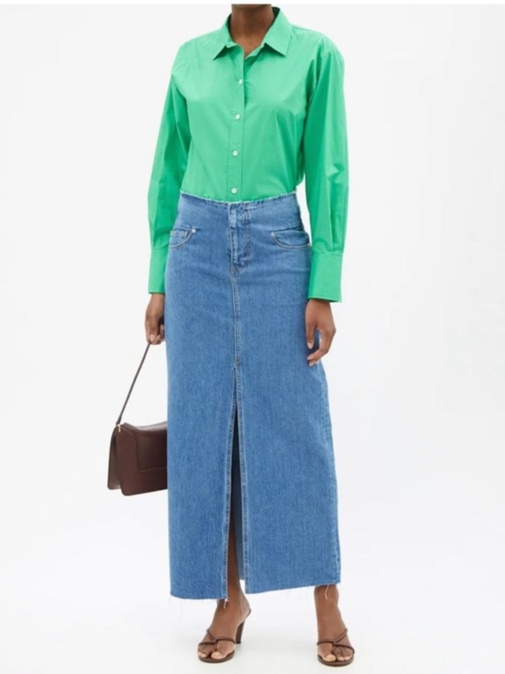 Frame Cut Off Waist Maxi Jean Denim Skirt Womens 24 Blue Front Slit Raw Hem